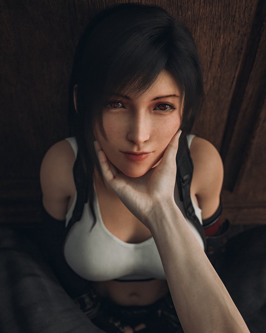 3d 3d_(artwork) big_breasts black_hair blender blender_(software) blouse breasts busty cloud_strife couple cute ecksoh enjoying excited final_fantasy final_fantasy_vii final_fantasy_vii_remake happy hourglass_figure looking_pleasured pleasure_face red_eyes romantic romantic_couple seductive sensual smile tifa_lockhart touching_face