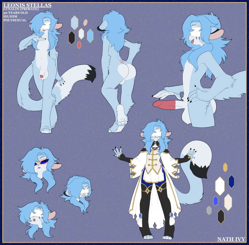 absurd_res anthro ass balls blue_body blue_fur blue_hair clothed clothing color_swatch facial_expressions fluffy fluffy_tail fur genitals hair haplorhine hi_res humanoid leonis_stellas long_tail lunalin magic_user male mammal model_sheet monkey nathivy nude penis primate solo