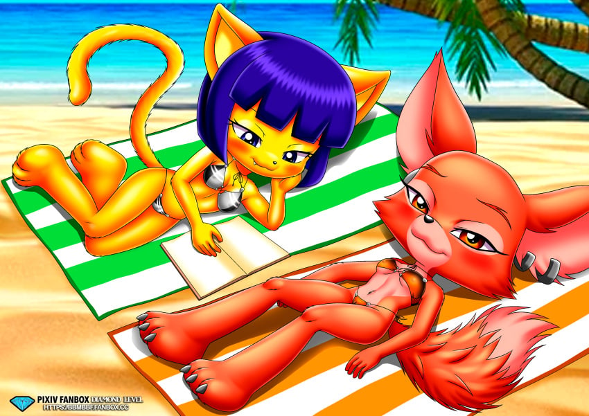 2girls anthro bbmbbf beach blush cat diamond_level female female_only fox furry little_tails looking_at_viewer palcomix pietros_secret_club