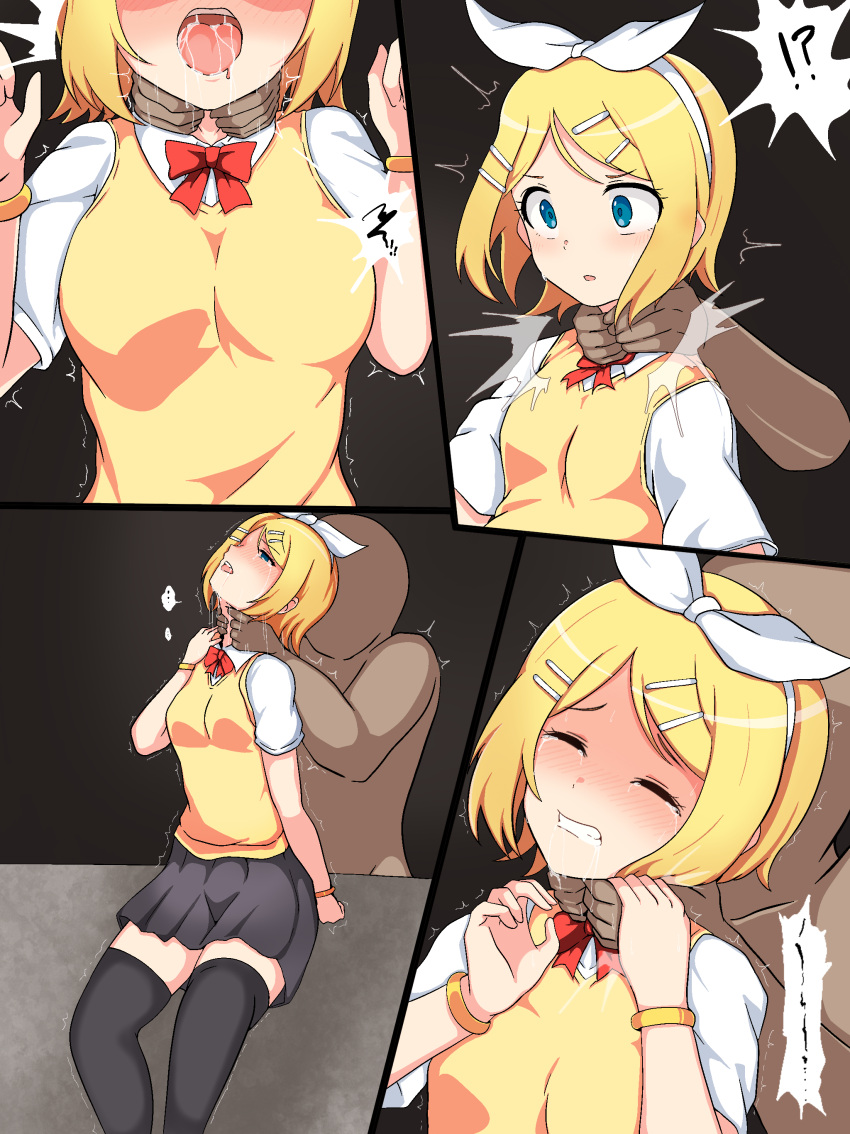 !? 1boy 1boy1girl 1girls big_breasts black_legwear blonde_hair blue_eyes bow bow_tie bracelet bracelets breasts choking comic faceless_male female female_focus hairclip hands_around_neck kagamine_rin legwear male male/female milliani neck_grab open_mouth saliva saliva_string saliva_trail school_uniform short_hair skirt surprised tearing_up tears thick_thighs trembling unseen_male_face vocaloid yellow_hair