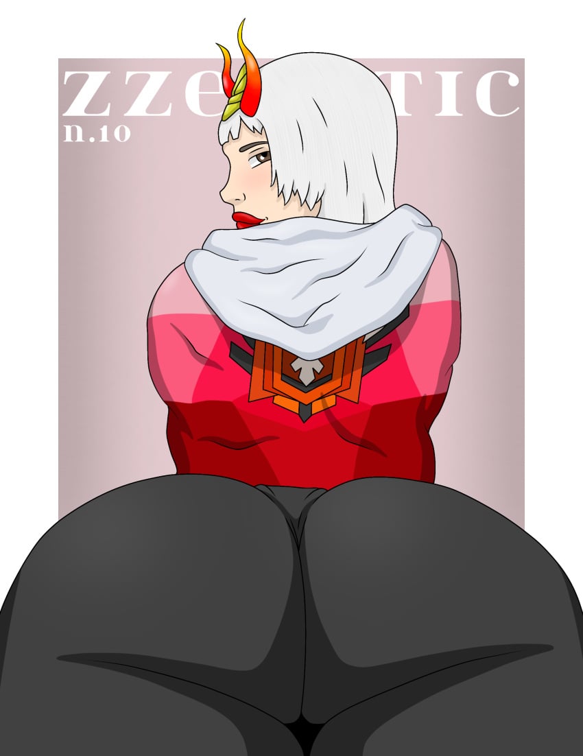 2022 artist_name big_ass big_butt brown_eyes clothed clothing dat_ass female female_focus female_only free_fire garena horn horns huge_ass looking_at_viewer looking_back presenting presenting_ass red_lipstick smile smiling white_hair yoga_pants z_girl zzerotic