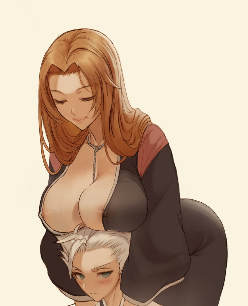 1boy 1girls ara_ara areola_slip big_breasts bleach blue_eyes blush breasts breasts_on_head closed_eyes cutesexyrobutts_(style) female fully_clothed huge_breasts larger_female light_skin long_hair matsumoto_rangiku nipples orange_hair smile taller_female taller_girl thick_thighs toshiro_hitsugaya white_hair zefra_bleu