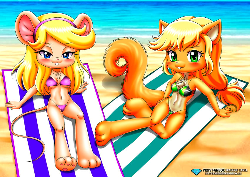 2girls anthro bbmbbf beach blush cat diamond_level female female_only furry little_tails looking_at_viewer mouse palcomix pietros_secret_club