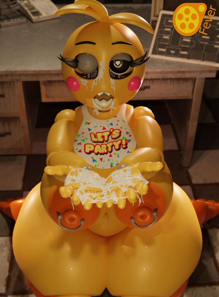 <3_eyes 2022 3d 3d_(artwork) absurd_res animatronic anthro areola avian bib big_areola big_breasts big_nipples bird bodily_fluids breasts checkered_floor chicken cum cum_in_mouth cum_on_face cum_on_hand digital_media_(artwork) erect_nipples female feversfm five_nights_at_freddy's five_nights_at_freddy's_2 galliform gallus_(genus) genital_fluids heart hi_res huge_areola huge_areolae huge_breasts huge_nipples kneeling looking_at_viewer lovetaste_chica machine navel nipple_piercing nipple_ring nipples one_eye_closed orange_areola orange_body orange_nipples phasianid piercing ring_piercing robot scottgames solo toy_chica_(fnaf) toy_chica_(love_taste) video_games yellow_body