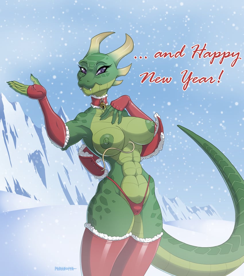 2023 abs anthro areola bell bell_collar breasts camel_toe christmas christmas_clothing clothing collar detailed_background dialogue digital_media_(artwork) english_text eyebrows female fingerless_gloves gloves green_areola green_body green_markings green_nipples handwear head_markings hi_res holidays horn lizard looking_at_viewer markings mountain nipples non-mammal_breasts outside paranoiya purple_eyes reptile scales scalie signature snow snowing solo spots spotted_markings talking_to_viewer text wardrobe_malfunction