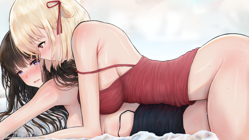 2girls ass big_breasts black_clothing black_dress black_hair blonde_hair blush bottomless breasts clothed_sex clothing curvy dark_hair dat_ass female female_only functionally_nude_female girl_on_girl inoue_takina kitsune-neko lesbian long_hair lycoris_recoil lying lying_on_bed lying_on_person multiple_girls nishikigi_chisato on_stomach purple_eyes red_clothing red_dress red_eyes short_hair sideboob sweat tank_top tank_top_pull yuri