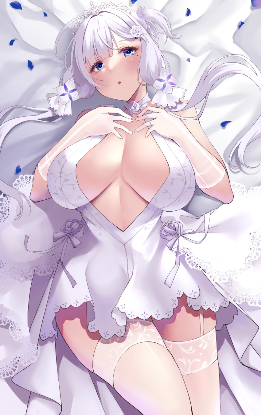 1girls 2022 alternate_version_available azur_lane bangs bare_shoulders blue_eyes blush breasts cleavage dress elbow_gloves female female_only garter_straps gloves hair_ornament highres illustrious_(azur_lane) illustrious_(morning_star_of_love_and_hope)_(azur_lane) large_breasts light-skinned_female light_skin long_hair lying mole mole_under_eye official_alternate_costume on_back parted_lips solo solo_female thighhighs thighs wee_(weeyy) white_dress white_gloves white_hair white_thighhighs