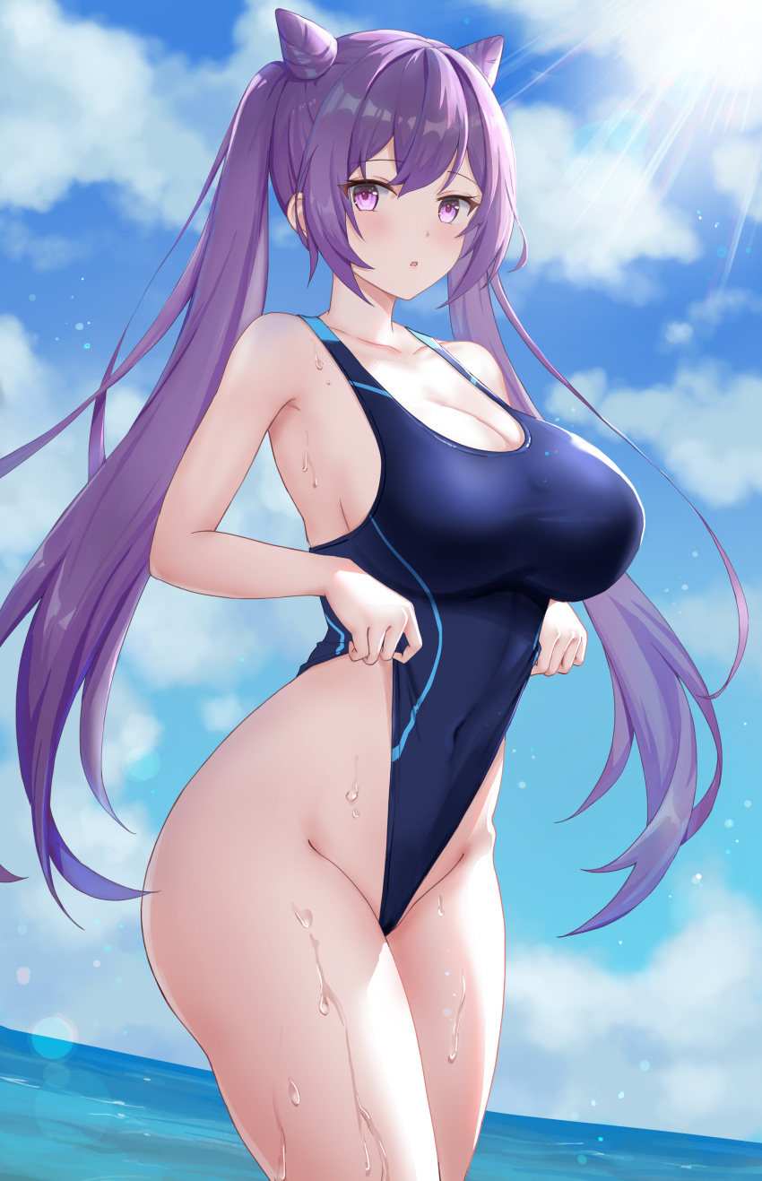 :o absurdres ass bangs bare_arms bare_shoulders blue_one-piece_swimsuit blue_sky blush breasts cleavage clothes_pull cloud competition_swimsuit cone_hair_bun covered_navel cowboy_shot cute day double_bun female genshin_impact groin hair_bun highleg highleg_swimsuit highres keqing_(genshin_impact) large_breasts long_hair looking_at_viewer ocean one-piece_swimsuit outdoors parted_lips pulled_by_self purple_eyes purple_hair ronnie_z sidelocks sky solo sunlight swimsuit swimsuit_pull thighs twintails wet wide_hips