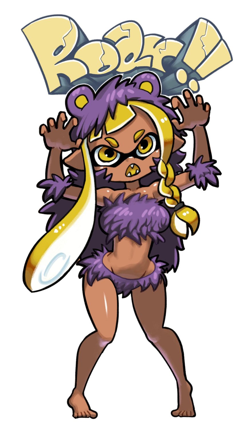 1girls barefoot costume dark-skinned_female dark_skin feet female female_only full_body fur_clothing inkling inkling_girl knees_together_feet_apart long_hair minus8 new_agent_3_(splatoon) nintendo paw_pose revealing_clothes simple_background solo splatoon splatoon_3 standing tagme text toes veronika_(splatoon) white_background yellow_hair