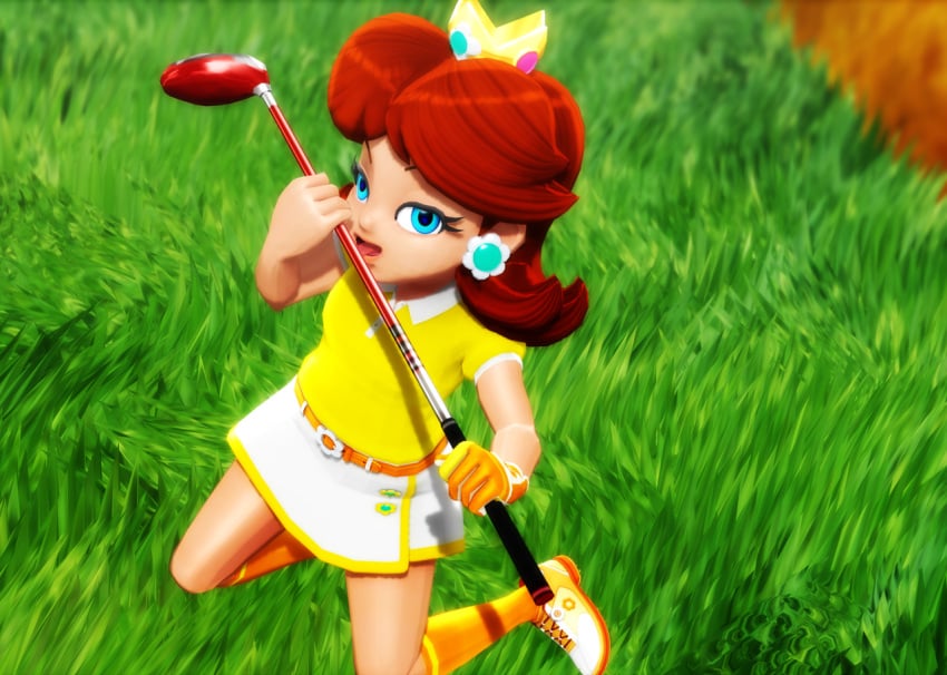 1girls 3d blue_eyes clothed clothing crown earrings fellatio_gesture female gloves golf_club grass licking licking_object mario_(series) mario_golf nintendo princess_daisy red_hair shiny_hair shiny_skin shoes sneakers socks suggestive suggestive_look virtuablue virtualblueam2 white_skin