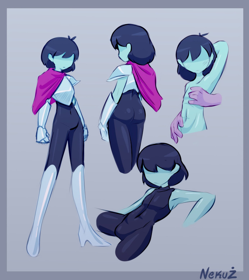 armor ass bangs_over_eyes blue_skin blush bodysuit deltarune kris_(deltarune) nekuzx nude slim