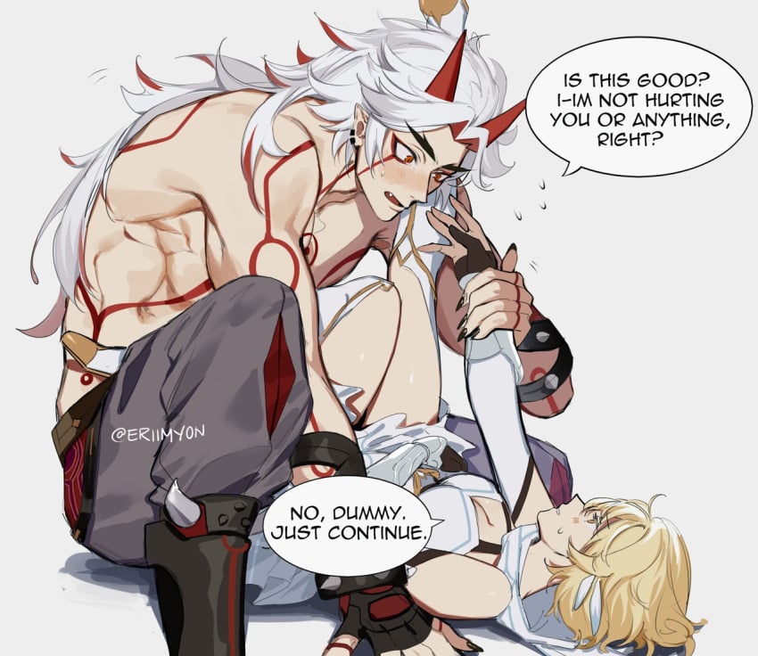 1boy 1boy1girl 1girls annoyed arataki_itto bigger_male blonde_hair dialogue english_text eriimyon female genshin_impact hetero himbo horns implied_sex larger_male legs_up long_hair long_hair_male lumine_(genshin_impact) lying_on_back male male/female muscular muscular_male oni_horns petite petite_body red_horns shirtless size_difference smaller_female speech_bubble straight text white_hair wholesome worried worried_expression worried_for_other