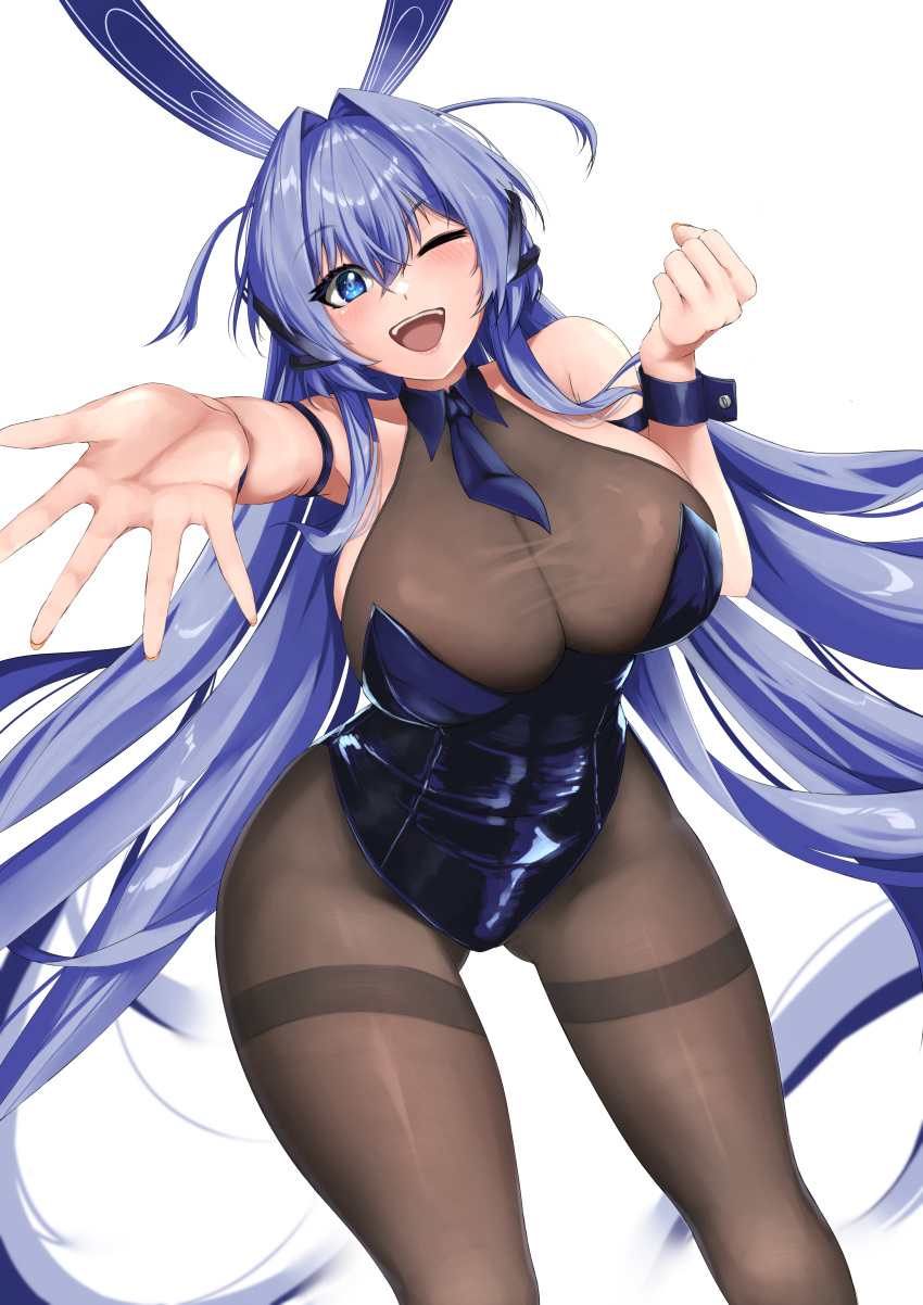 absurdly_long_hair absurdres anchor_ornament animal_ears azur_lane big_breasts black_leotard black_pantyhose blue_eyes blue_hair bodystocking breasts fake_animal_ears female hair_intakes highres huge_breasts leotard long_hair necktie new_jersey_(azur_lane) new_jersey_(exhilarating_steps!)_(azur_lane) official_alternate_costume ojisan_f outstretched_arms oversized_breast_cup pantyhose playboy_bunny purple_leotard rabbit_ears short_necktie strapless strapless_leotard very_long_hair white_background wink wrist_cuffs