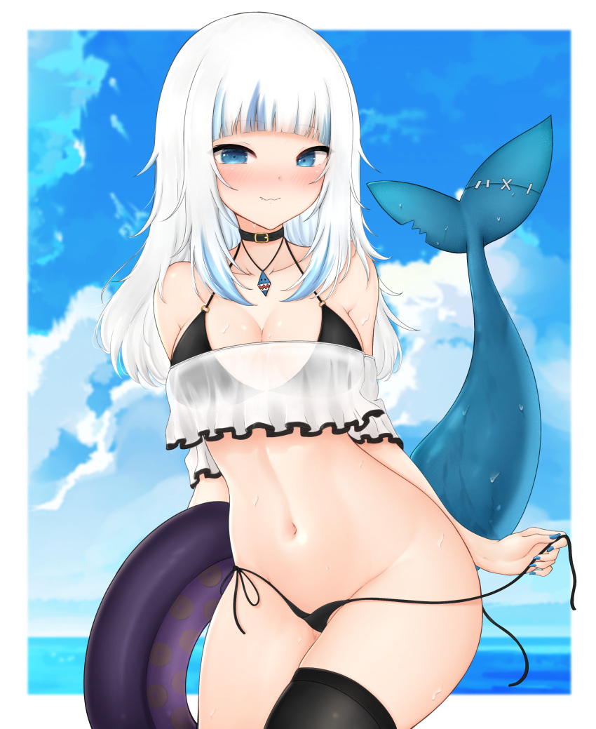 absurdres alternate_breast_size bangs bare_shoulders bikini black_bikini black_choker black_thighhighs blue_eyes blue_hair blue_sky blunt_bangs blush breasts choker cleavage closed_mouth cloud collarbone day fang_out female fish_tail gawr_gura highres hololive hololive_english hololive_myth honon innertube jewelry large_breasts long_hair looking_at_viewer medium_breasts multicolored_hair navel necklace oerba_yun_fang outdoors shark_girl shark_tail side-tie_bikini_bottom sky smile solo streaked_hair string_bikini swimsuit tail thighhighs untied untied_bikini virtual_youtuber wet white_hair