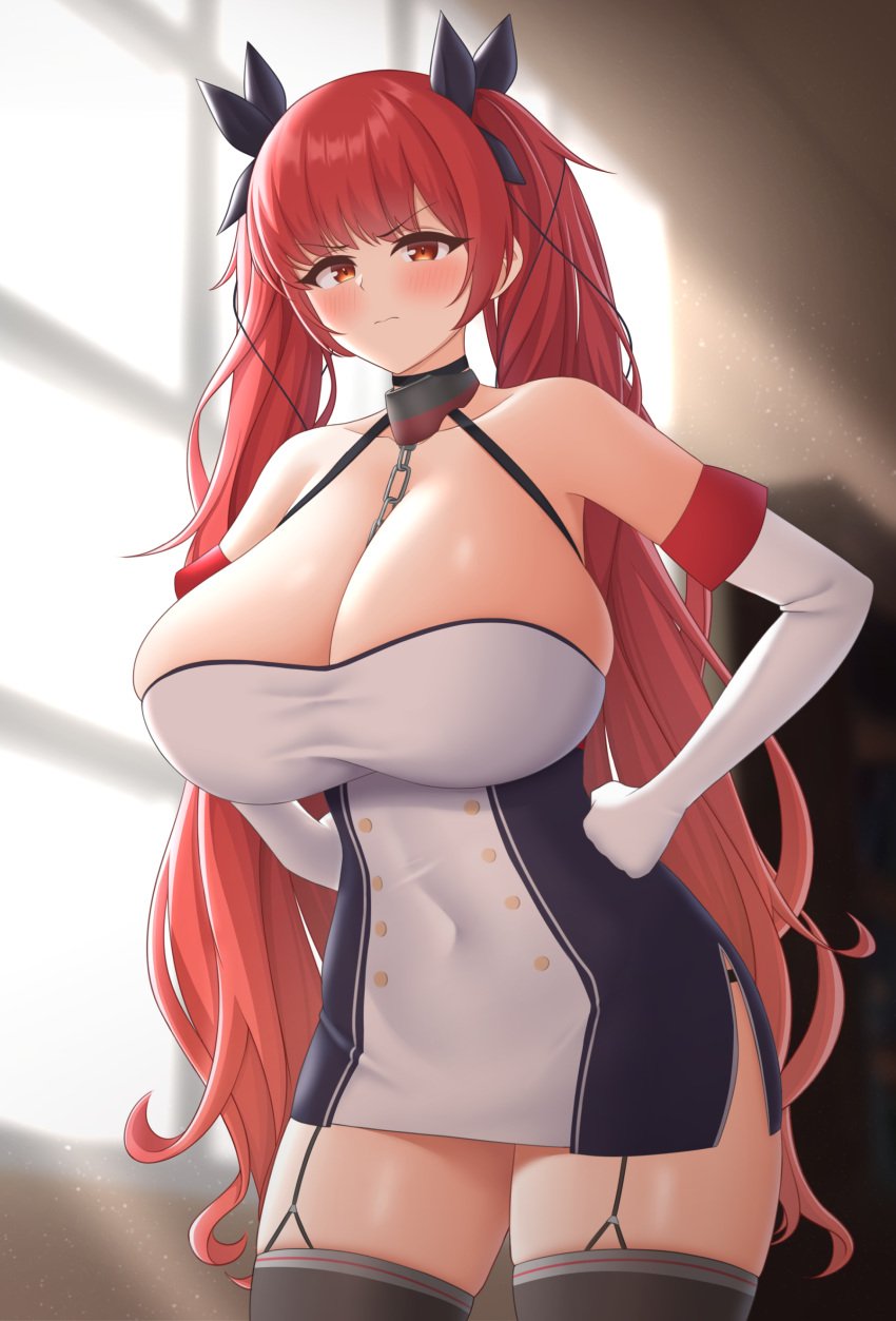 absurdres azur_lane bare_shoulders black_choker black_dress black_garter_straps black_ribbon black_thighhighs blurry blurry_background breasts buttons choker cleavage covered_navel cowboy_shot deep_cleavage double-breasted dress elbow_gloves female from_below gloves hair_ribbon highres honolulu_(azur_lane) huge_breasts indoors light_blush long_hair looking_at_viewer looking_down neoru_(cvfw7854) red_eyes red_hair ribbon skindentation sleeveless sleeveless_dress solo standing taut_clothes taut_dress thick_thighs thighhighs thighs twintails two-tone_dress very_long_hair white_dress white_gloves