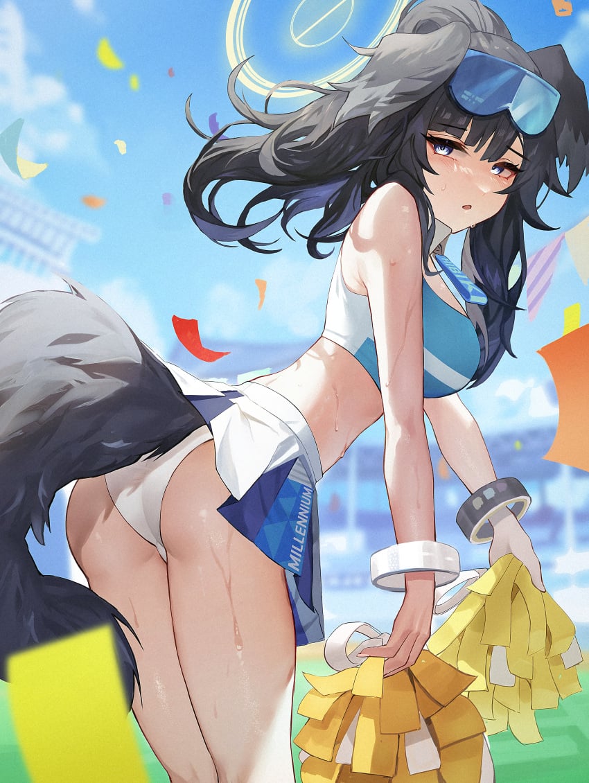 absurdres animal_ears ass black_hair blue_archive blue_eyes blurry blurry_background breasts cheerleader cowboy_shot crop_top dog_ears dog_girl dog_tail eyewear_on_head female floating_hair from_behind goggles goggles_on_head halo hibiki_(blue_archive) hibiki_(cheerleader)_(blue_archive) highres holding holding_pom_poms josal large_breasts leaning_forward long_hair midriff miniskirt official_alternate_costume open_mouth outdoors panties pantyshot pleated_skirt pom_pom_(cheerleading) skirt solo sweat tail underwear white_panties white_skirt