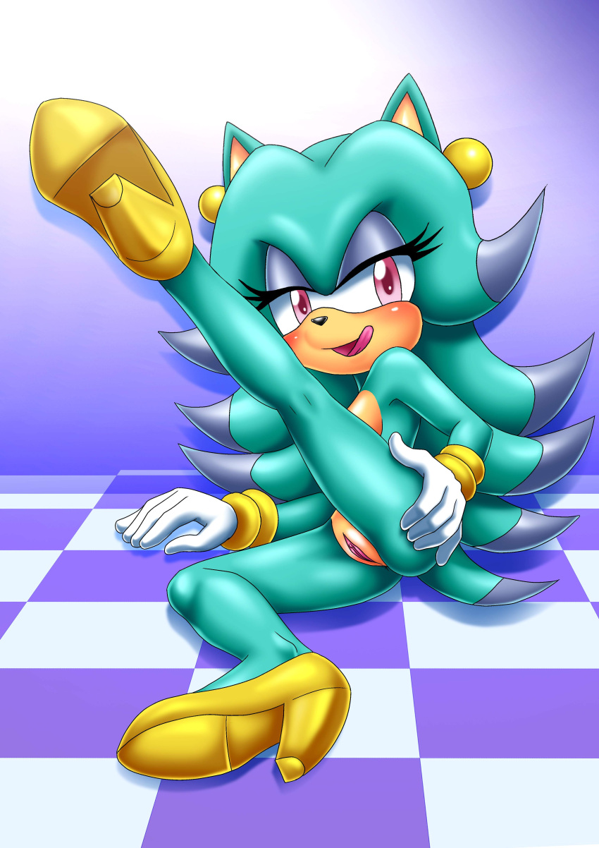 5_fingers adventures_of_sonic_the_hedgehog anthro bbmbbf blue_body blue_fur breezie_the_hedgehog breezie_the_hedgehog_(archie) ear_piercing eulipotyphlan female footwear furry furry_only gloves hedgehog high_heels looking_at_viewer mobius_unleashed palcomix purple_eyes pussy solo sonic_(series) sonic_the_hedgehog_(archie) sonic_the_hedgehog_(comics) sonic_the_hedgehog_(series) spread_legs spreading tongue_out