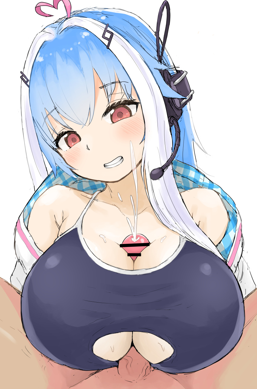 1boy absurdres ahoge bangs bemani black_one-piece_swimsuit blue_hair blush breasts cleavage cum earpiece ejaculation female handsfree_ejaculation highres ichika_(bemani) large_breasts looking_at_viewer microphone multicolored_hair paizuri paizuri_under_clothes penis red_eyes smile streaked_hair sweat swimsuit teeth tenuwi veins veiny_penis