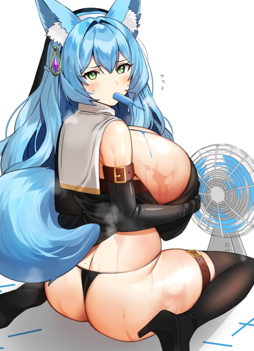 absurdres animal_ear_fluff animal_ears aqua_hair ass bangs black_dress black_gloves black_panties black_thighhighs blush borrowed_character braid breasts breath clothes_lift cooling_off dress dress_lift earrings elbow_gloves electric_fan fan female flying_sweatdrops food fox_ears fox_tail gigantic_breasts gloves green_eyes head_tilt high_heels highres huge_breasts jewelry lifted_by_self long_hair looking_at_viewer meettheton mole mole_on_back mouth_hold original panties popsicle simple_background single_earring sister_reine_(foxyrain) sitting solo sweat tail thighhighs thong underwear wet white_background