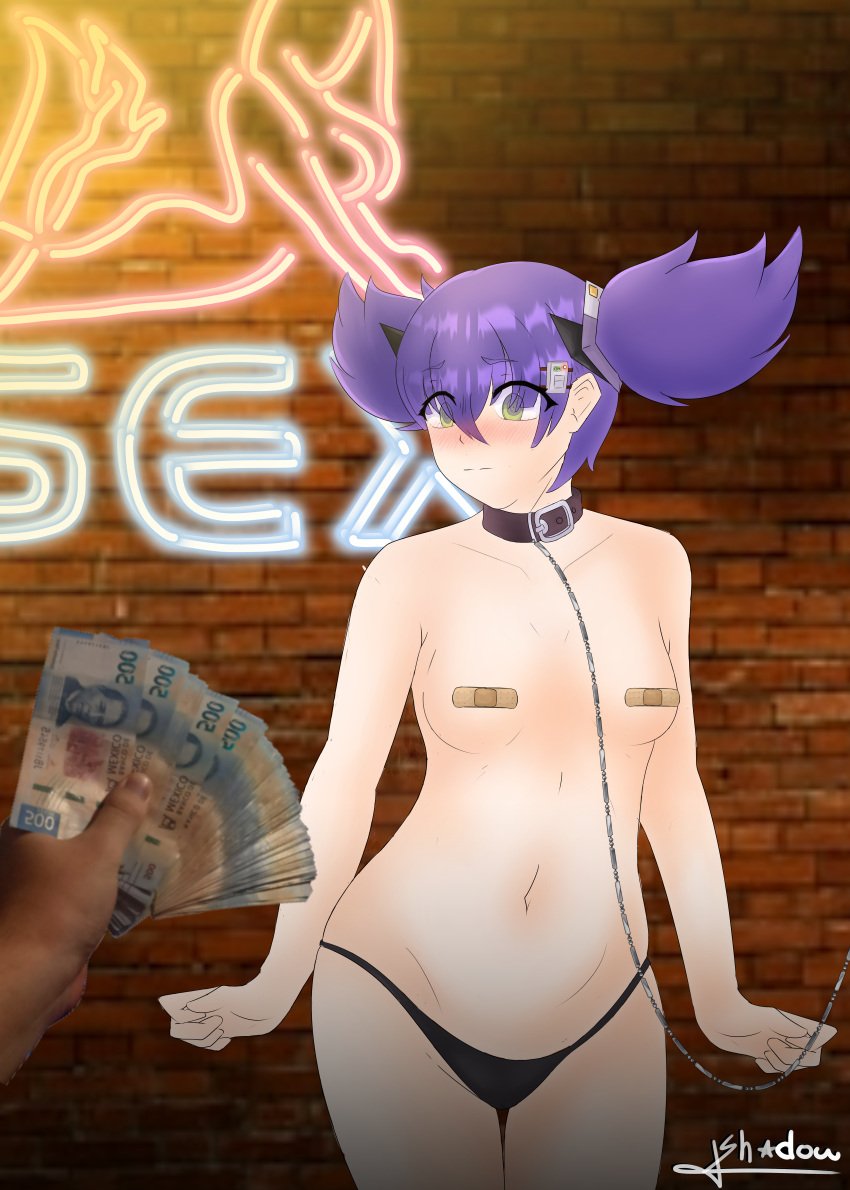 aki_nova anime black_panties blush breasts cash collar isekai money nipple_pasties panties prostitution purple_hair slave virtual_youtuber vtuber