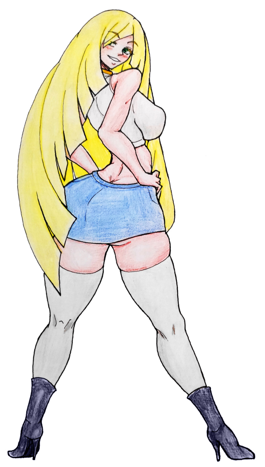 ass blonde_hair blush bubble_butt gaixas1 green_eyes hands_on_hips heels long_hair looking_at_viewer looking_back lusamine_(pokemon) pokemon pokemon_sm seductive_look seductive_smile sideboob skirt smile thick_thighs