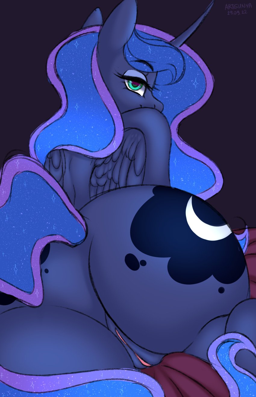 absurd_res alicorn anthro anthrofied anus blue_body blue_feathers equid equine feathers female friendship_is_magic genitals gunya hasbro hi_res horn looking_at_viewer looking_back looking_back_at_viewer mammal my_little_pony nude princess_luna_(mlp) pussy solo wings