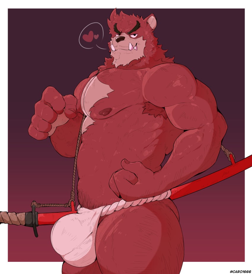 anthro balls bara barazoku beast big_bulge black_nose bulge chest_tuft fundoshi fundoshi_only furry gay kumatetsu male male_only mors_k muscles muscular penis red_body red_fur solo solo_male the_boy_and_the_beast