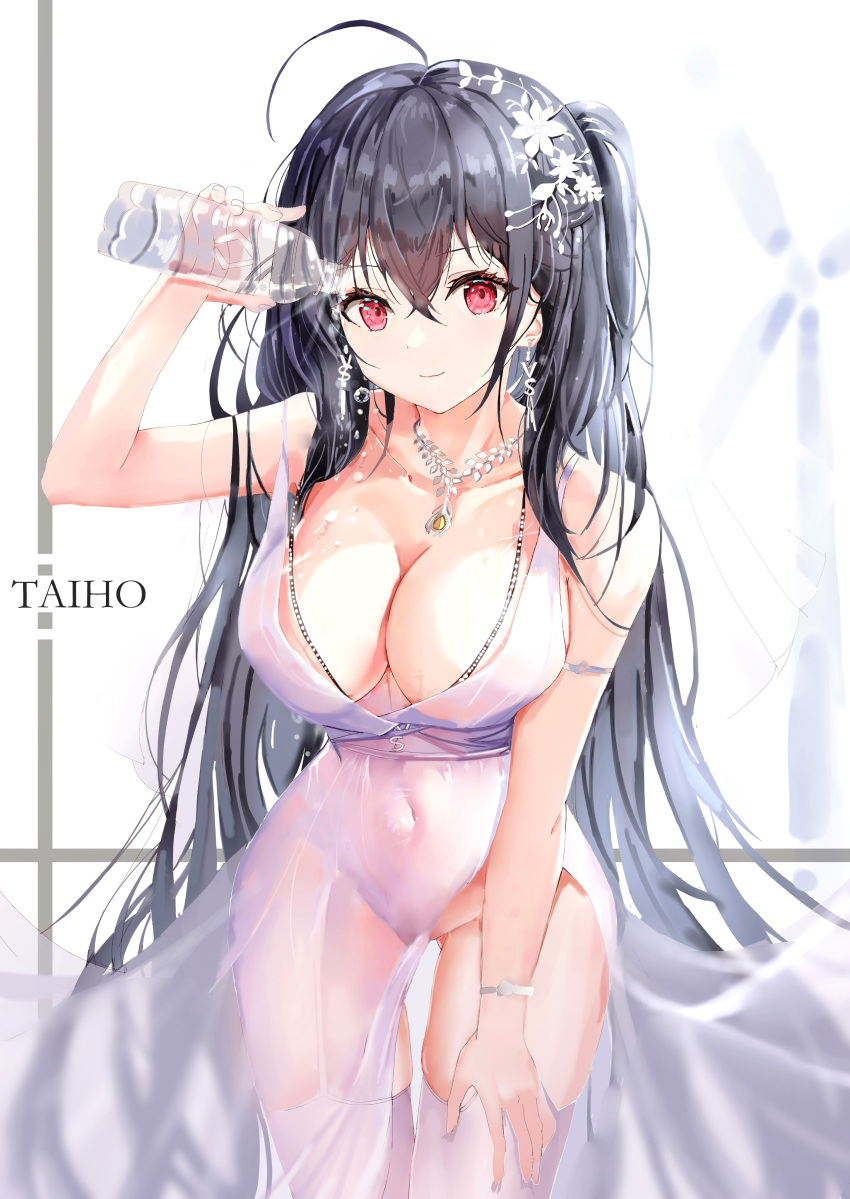 absurdres age_fx ahoge ass_visible_through_thighs azur_lane black_hair bottle breasts character_name cleavage closed_mouth cocktail_dress covered_navel cowboy_shot dress earrings female flower garter_straps glint hair_between_eyes hair_flower hair_ornament hand_on_own_thigh highres holding holding_bottle jewelry large_breasts long_hair looking_at_viewer necklace no_panties official_alternate_costume plunging_neckline pouring pouring_onto_self red_eyes see-through see-through_dress side_slit smile solo taihou_(azur_lane) taihou_(temptation_on_the_sea_breeze)_(azur_lane) thighhighs thighs very_long_hair water_bottle white_flower white_garter_straps white_thighhighs wristband