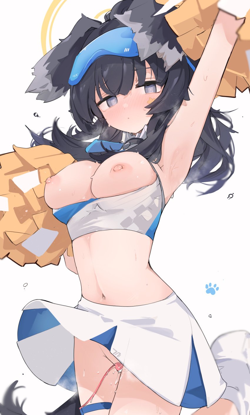 animal_ears arm_up armpits bangs bare_shoulders black_hair blue_archive blue_bow blue_eyes blush bow breasts breasts_out cheering cheerleader cleavage cowboy_shot crop_top dog_ears dog_girl dog_tail engineering_department_(blue_archive) eyewear_on_head female flying_sweatdrops goggles goggles_on_head halo hibiki_(blue_archive) hibiki_(cheerleader)_(blue_archive) highres holding holding_pom_poms large_breasts long_hair looking_at_viewer medium_breasts midriff mikozin millennium_cheerleader_outfit_(blue_archive) millennium_science_school_student miniskirt navel nipples no_panties open_mouth pleated_skirt pom_pom_(cheerleading) pussy_juice sex_toy simple_background skirt sleeveless solo steam sweat tail thighhighs vibrator white_background white_skirt