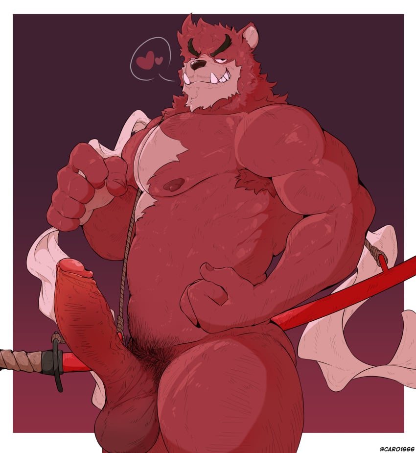 anthro balls bara barazoku beast big_balls big_penis black_nose boner chest_tuft erection furry gay heart huge_cock kumatetsu male male_only mors_k muscles muscular penis red_body red_fur solo solo_male the_boy_and_the_beast