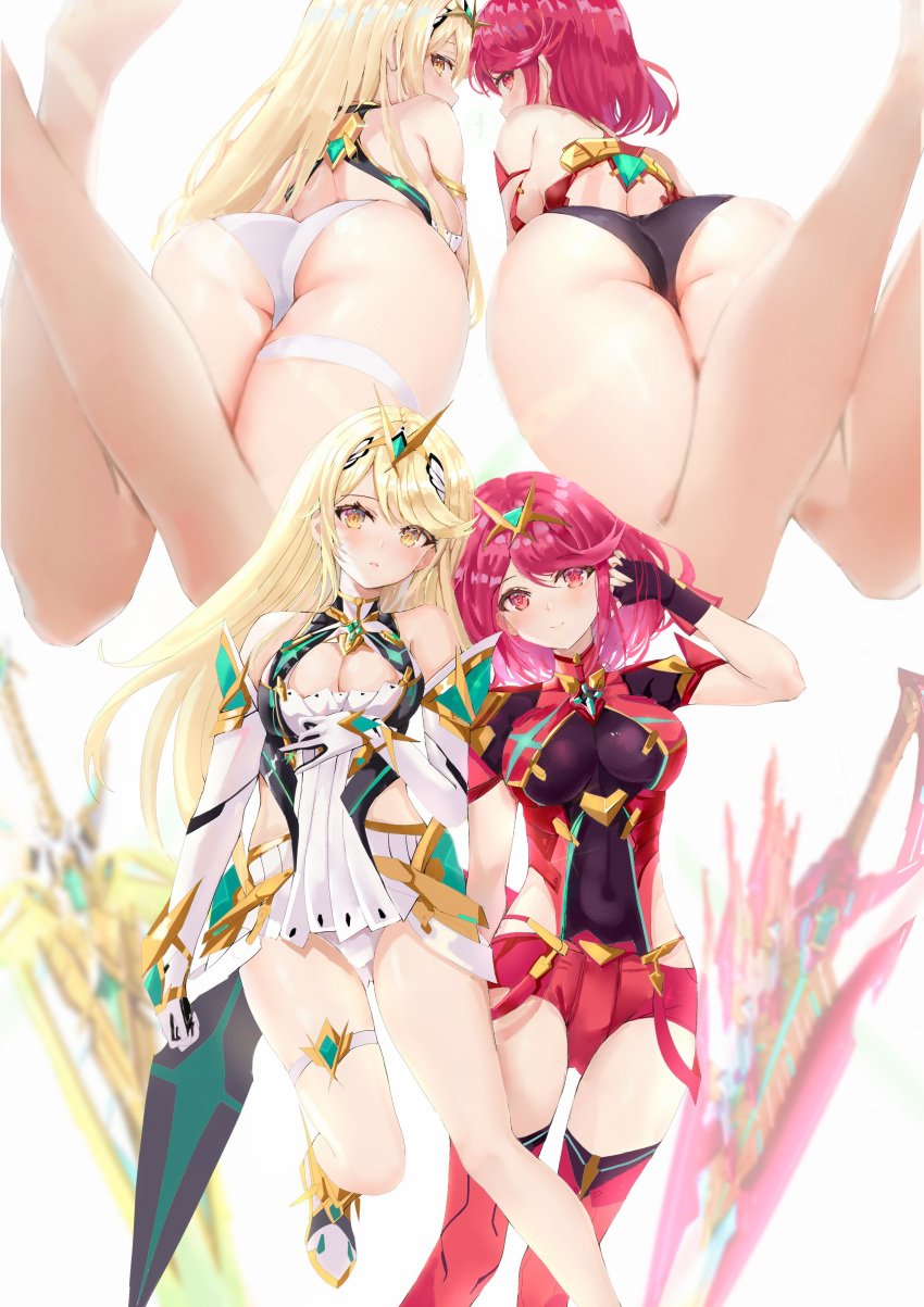 2girls absurdres age_fx ass back bangs bare_shoulders blonde_hair blush breasts chest_jewel cleavage cleavage_cutout clothing_cutout dress highres large_breasts long_hair looking_at_viewer looking_back multiple_girls mythra mythra_(radiant_beach)_(xenoblade) pyra pyra_(pro_swimmer)_(xenoblade) red_eyes red_hair red_shorts short_dress short_hair short_shorts shorts swept_bangs thighs white_dress xenoblade_chronicles_(series) xenoblade_chronicles_2 yellow_eyes