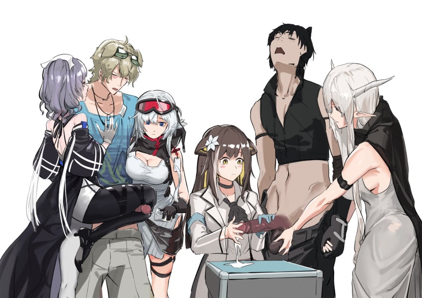 2boys 4girls absurdres arknights breasts broca_(arknights) caijidayisheng caressing_testicles cleavage cum cum_in_container cum_in_cup cum_on_hands ejaculation femdom folinic_(arknights) glansjob handjob highres holding_hands kneepit_sex milking mulberry_(arknights) multiple_boys multiple_girls shining_(arknights) tequila_(arknights) testicles whisperain_(arknights) white_background