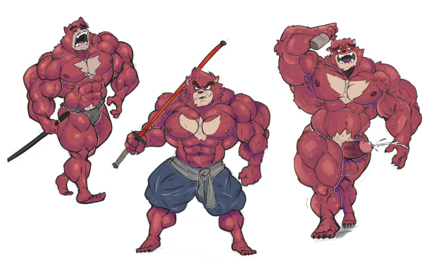 anthro balls bara barazoku beast black_nose blush boner bulge chest_tuft cum deadlyrabitt drunk erection fundoshi fundoshi_only furry gay kumatetsu male male_only muscles muscular orgasm penis red_body red_fur solo solo_male the_boy_and_the_beast weapon_over_shoulder