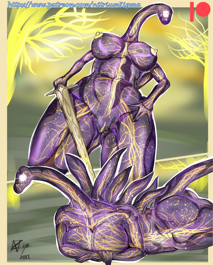 2022 ass biped deity digital_media_(artwork) elden_beast elden_ring female fromsoftware genitals hand_on_hip hi_res holding_object holding_sword holding_weapon low-angle_view lying melee_weapon monster nightmare_waifu nipples nitriumzigma no_humans on_front purple_body pussy rule_63 solo sword video_games weapon yellow_body yellow_nipples yellow_pussy