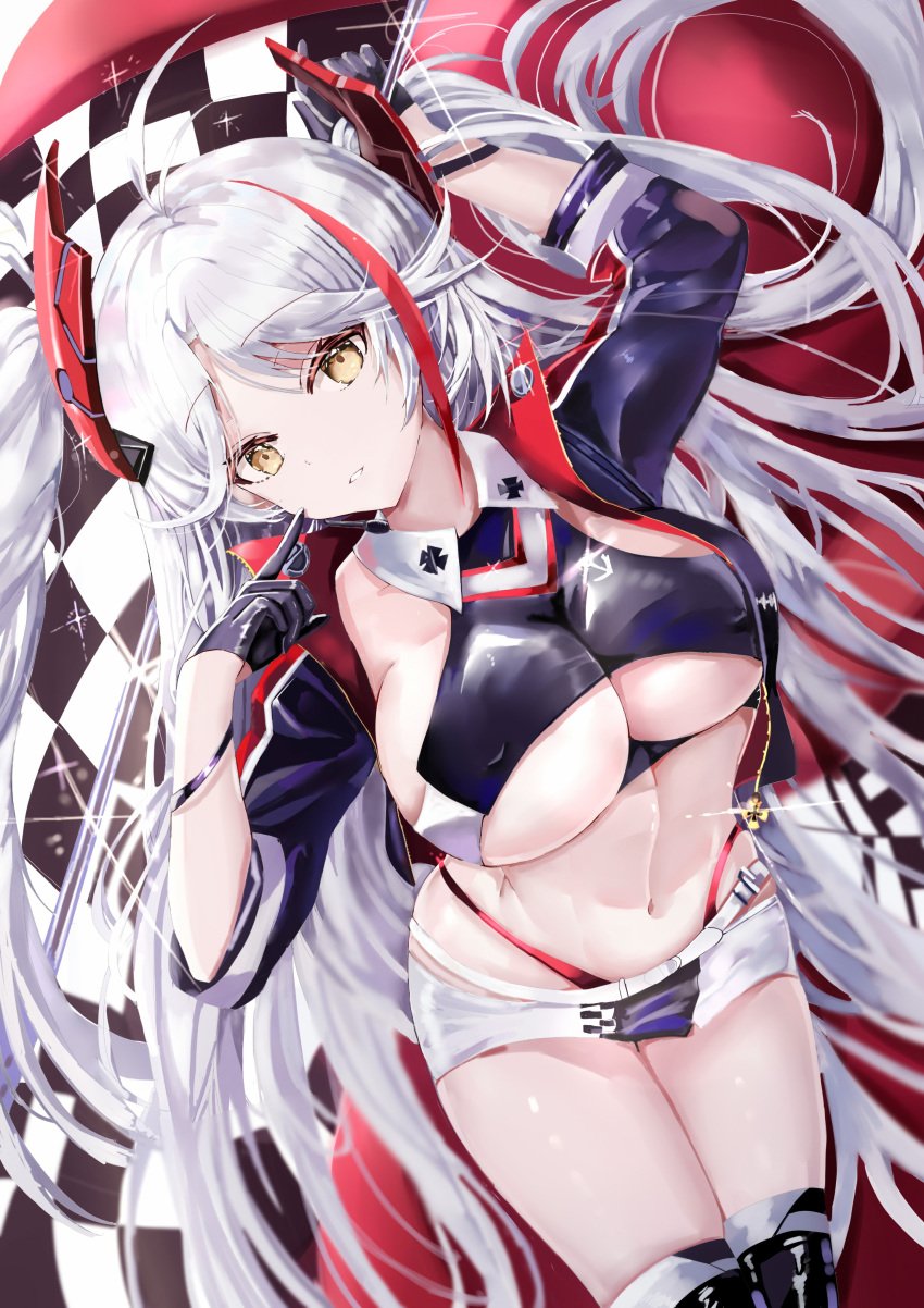 absurdres age_fx azur_lane bangs black_footwear black_gloves black_jacket boots breasts checkered_flag female flag gloves highleg highleg_panties highres iron_blood_(azur_lane) jacket large_breasts long_hair looking_at_viewer microskirt multicolored_hair navel official_alternate_costume panties parted_lips prinz_eugen_(azur_lane) prinz_eugen_(final_lap)_(azur_lane) race_queen red_hair red_panties skirt smile solo streaked_hair thigh_boots thighhighs thighs underboob underwear white_hair white_skirt yellow_eyes