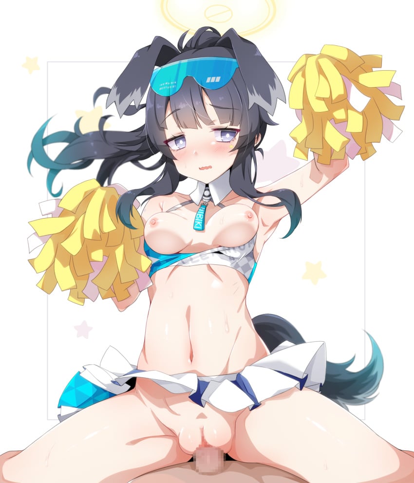 1boy animal_ears armpits black_hair blue_archive blush breasts breasts_out censored cheerleader choker clothed_sex cowgirl_position cowgirl_position crop_top dog_ears dog_girl dog_tail eyewear_on_head female goggles goggles_on_head hair_ornament halo hibiki_(blue_archive) hibiki_(cheerleader)_(blue_archive) highres holding holding_pom_poms long_hair looking_to_the_side midriff miniskirt mosaic_censoring navel nipples open_mouth penis pom_pom_(cheerleading) ponytail pov pussy ripe.c sex skirt small_breasts solo_focus spread_legs star_(symbol) sticker_on_face straddling straight tail vaginal_penetration