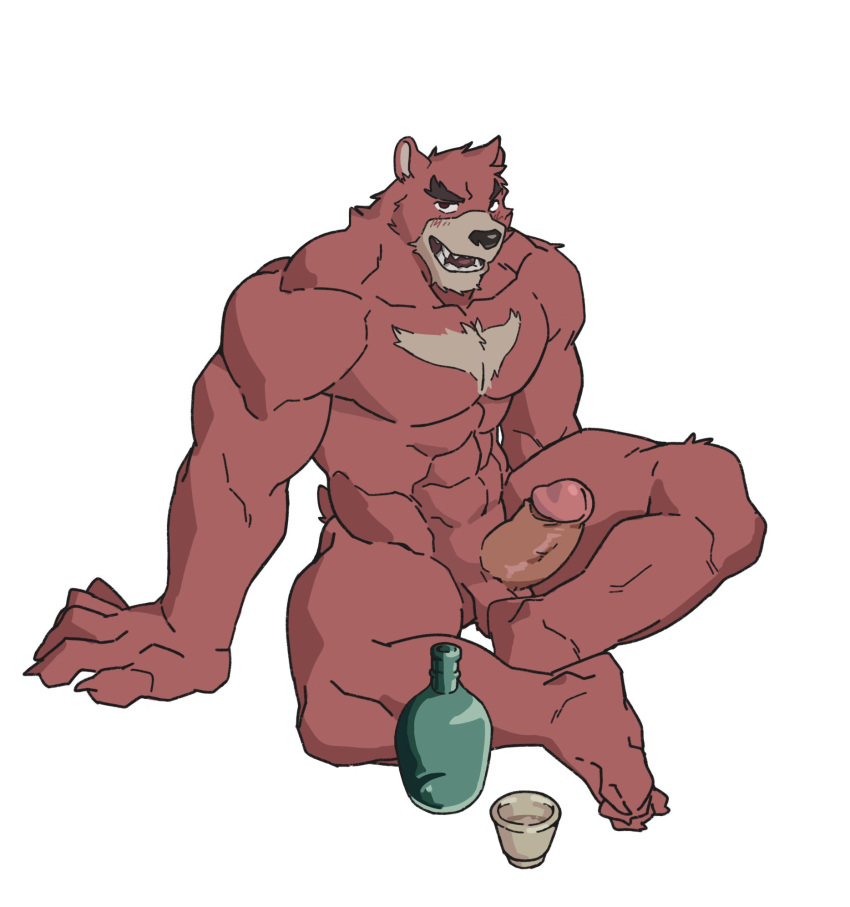 anthro balls bara barazoku beast black_nose boner chest_tuft erection furry gay kumatetsu male male_only muscles muscular penis red_body red_fur sitting skymeatball solo solo_male the_boy_and_the_beast