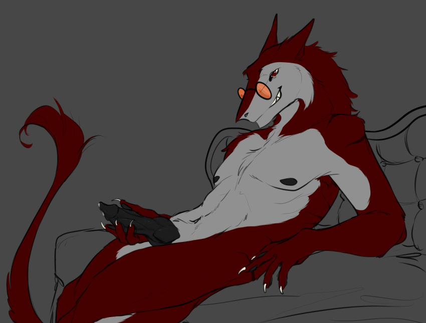 absurd_res anthro black_penis bodily_fluids chest_tuft eyewear fur genital_fluids genitals glasses grey_background grey_body grey_fur hi_res knot male masturbation penis precum red_body red_eyes red_fur sergal simple_background smile smirk solo stripes tail_tuft tuft ven