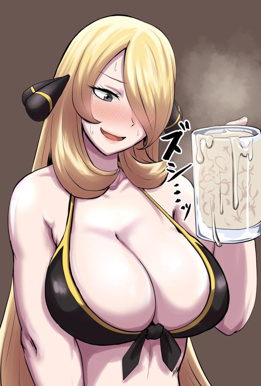 1girls big_breasts blonde_hair breasts cum cum_in_container cum_in_jar cynthia_(pokemon) female game_freak hair_ornament holding_object jar long_hair nintendo pokemon pokemon_(game) pokemon_dppt protohotel_game semen solo standing thick_cum