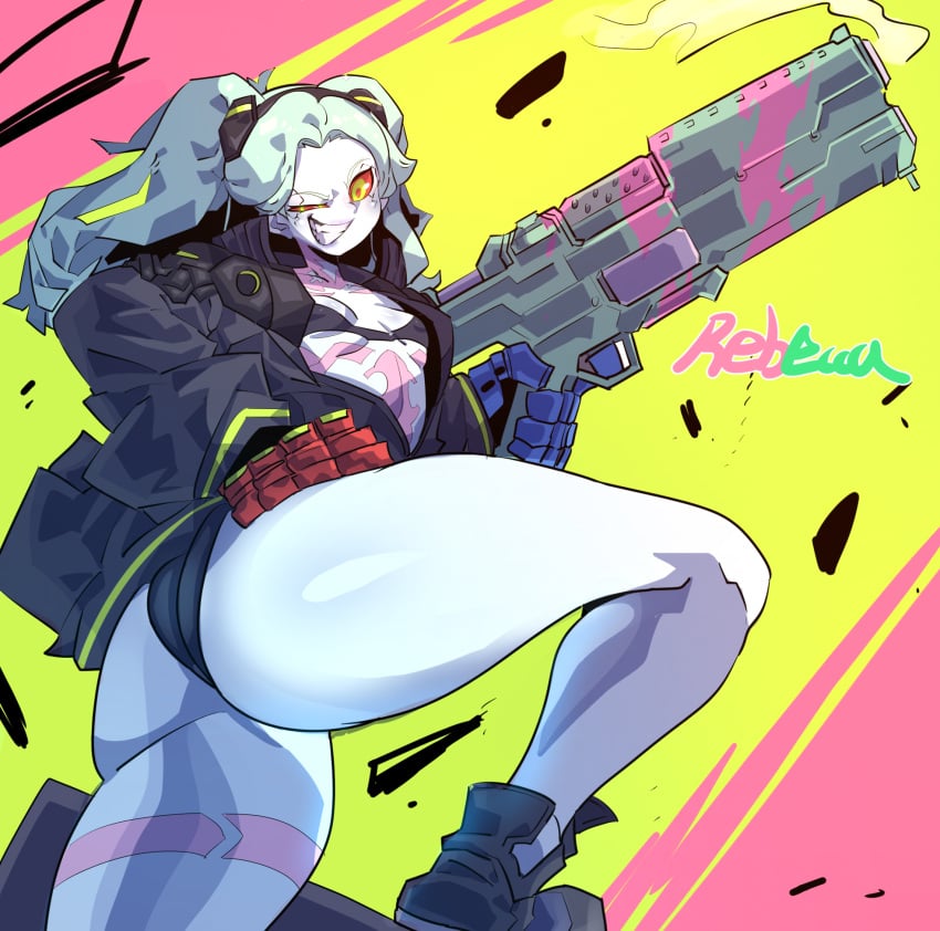 1girls ass big_ass body_markings breasts butt clothing cybernetics cyberpunk:_edgerunners cyberpunk_2077 cyborg female female_only firearm footwear gun human kingrangman outerwear pale_skin panties rebecca_(edgerunners) red_sclera robotic_arm shotgun small_breasts smile solo thick_thighs thighs weapon yellow_eyes