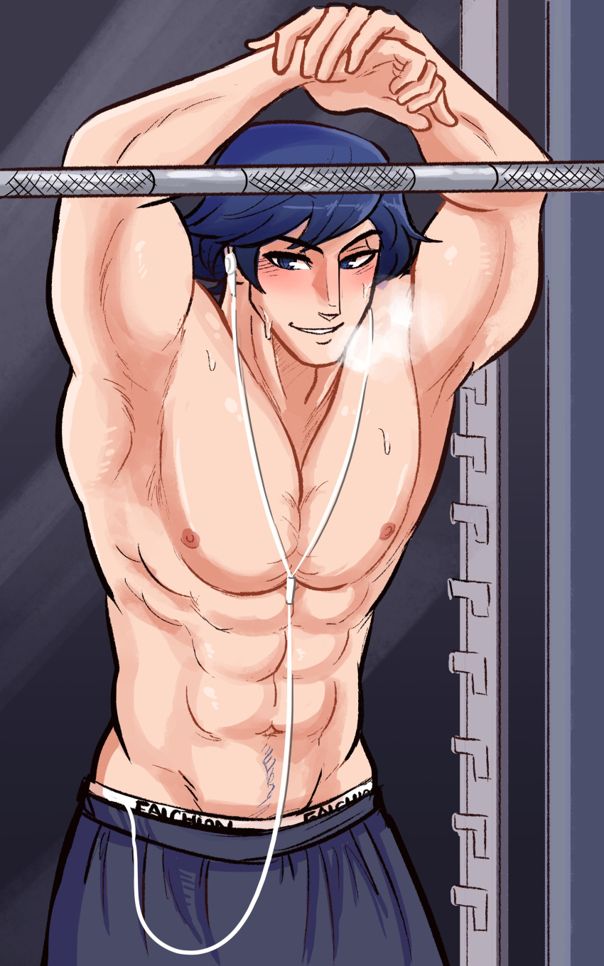 abs blue_hair blush boxer_shorts breathing chrom_(fire_emblem) earphones fire_emblem fire_emblem_awakening gym half-dressed hands_up highres looking_at_viewer male_only muscular_male nipples scruffyturtles sweatdrop