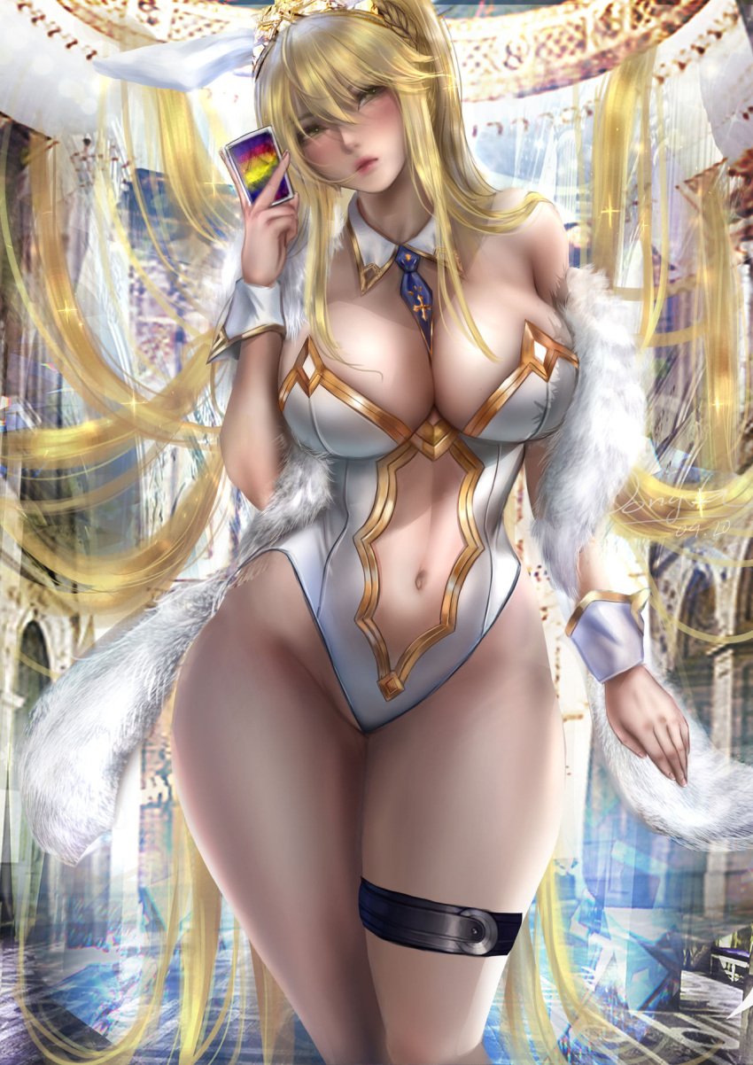 1girls artoria_pendragon artoria_pendragon_(fate) artoria_pendragon_(swimsuit_ruler) big_breasts breasts bunny_ears busty card cleavage clothing completely_nude completely_nude_female cowboy_shot crown curvaceous donyta fate/grand_order fate_(series) solo