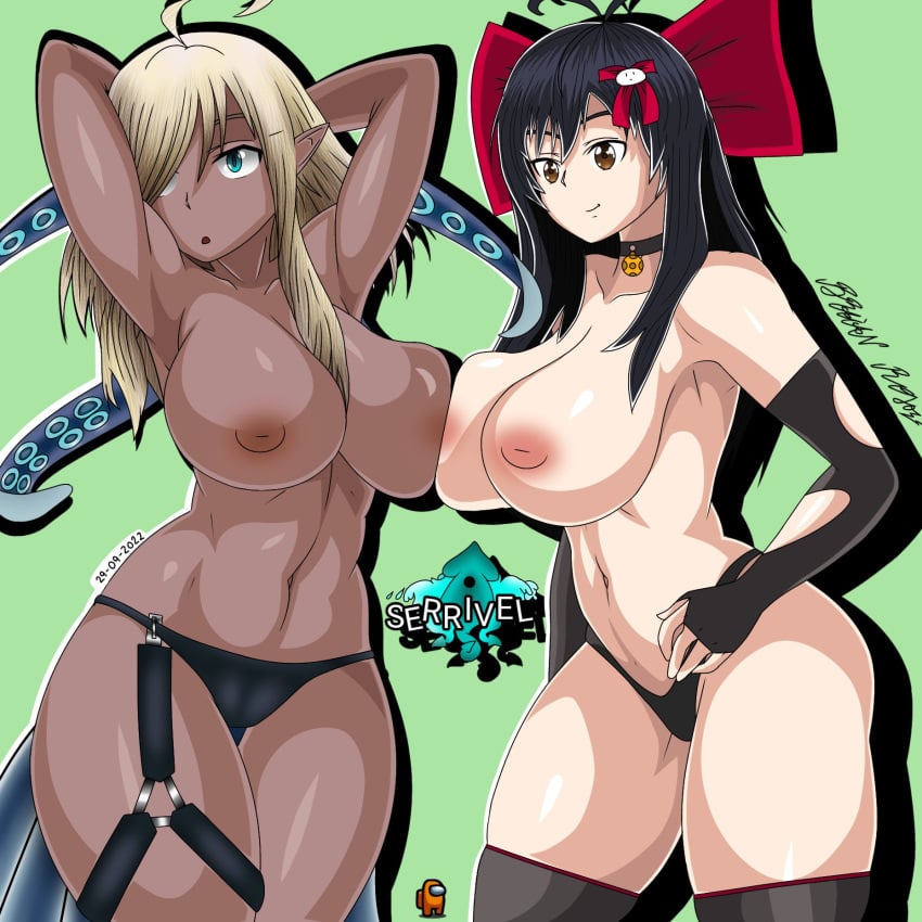 2girls among_us armpits black_hair blonde_hair braian_rojo breast_press breasts dark-skinned_female dark_skin green_eyes indie_virtual_youtuber interracial long_gloves long_hair multiple_girls navel nipples pointy_ears ribbon serrivel tentacle tentacle_hair thick_thighs thong tummy virtual_youtuber yadidoll_zaotome youtube youtube_hispanic