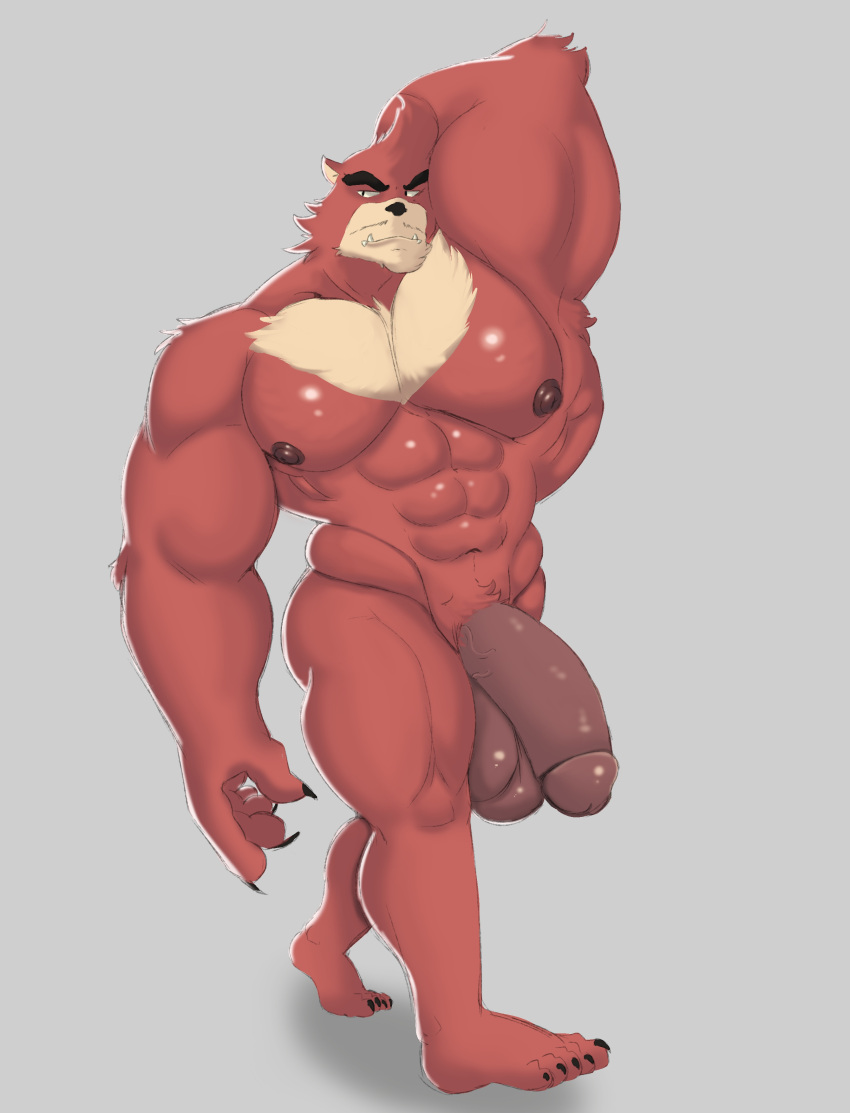 anthro arm_behind_head arm_up balls bara barazoku beast big_balls big_penis black_nose chest_tuft flaccid furry gay kumatetsu male male_only muscles muscular nude penis red_body red_fur solo solo_male the_boy_and_the_beast unrealrui