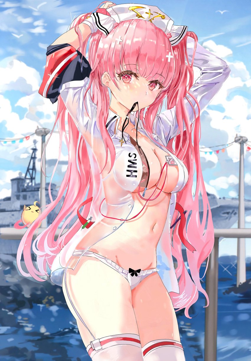 >_< absurdres age_fx azur_lane breasts dress female hair_ornament hat highres id_card lanyard long_hair looking_at_viewer manjuu_(azur_lane) medium_breasts mouth_hold nurse_cap official_alternate_costume outdoors panties perseus_(azur_lane) perseus_(unfamiliar_duties)_(azur_lane) pink_eyes pink_hair see-through see-through_dress solo swimsuit thighhighs underwear very_long_hair water white_dress white_headwear white_panties white_thighhighs x_hair_ornament