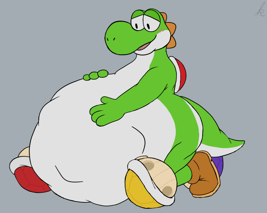 2022 anthro ass belly big_belly bigtimekudo digital_media_(artwork) dinosaur fat green_yoshi hi_res koopa male mario_(series) nintendo open_mouth reptile scalie signature simple_background smile solo video_games vore yoshi yoshi_(character)