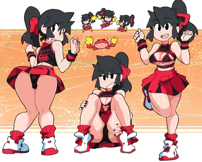 1girls 2022 anklehighs arms_up ass black_bra black_eyes black_hair black_panties blush bow bra breasts cheerleader cheerleader_uniform chibi cleavage crab female from_behind grin hairbow knees_together_feet_apart leg_grab looking_at_viewer looking_back loose_socks lucia_(scott_malin) multiple_poses navel one_leg_up original painted_nails panties pom_poms ponytail print_panties red_socks scott_malin shoes sitting skirt sneakers socks standing surprised tagme thigh_grab thighs upskirt