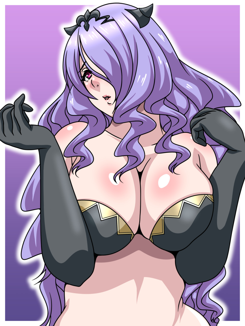 1girls bare_midriff bare_shoulders bra breasts camilla_(fire_emblem) cleavage collarbone elbow_gloves female female_only fire_emblem fire_emblem_fates gloves hair_over_one_eye horns inabakun00 large_breasts long_hair midriff nintendo open_mouth pink_eyes purple_hair shoulders solo underwear upper_body very_long_hair