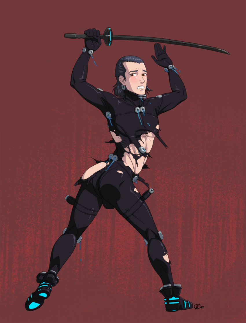 arms_up backsack black_hair blush bodysuit bulge clenched_teeth embarrassed full_body gantz gantz_suit gantzcraziness hair_slicked_back katana latex latex_suit looking_at_viewer looking_back male male_only masaru_kato nervous rear_view skin_tight solo standing sword tight_clothing torn_bodysuit torn_clothes weapon