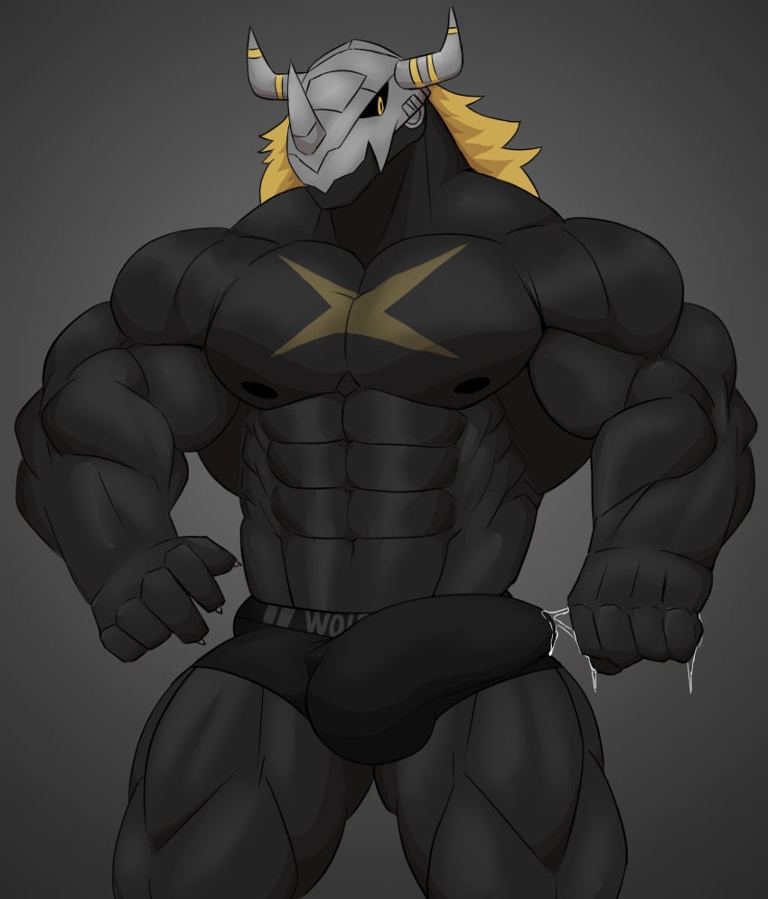 5_fingers abs anatake bandai_namco big_muscles black_clothing black_thong black_underwear blackwargreymon blonde_mane bodily_fluids bulge bulge_to_side clothing cum cum_in_clothing cum_in_underwear cum_through_clothing cum_through_underwear detailed_bulge digimon digimon_(species) fingers genital_fluids glistening glistening_body hi_res huge_muscles humanoid leaking_precum male male_only mane muscular muscular_arms muscular_humanoid muscular_male nipples pecs precum precum_on_hand quads scar simple_background solo thong underwear wet wet_clothing wet_underwear